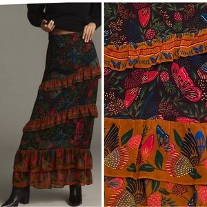 Farm Rio Garden Tiered Maxi Skirt Floral Motif M